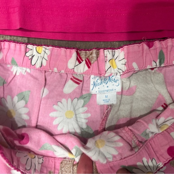 Nick & Nora Sock Monkey Daisy Heart Flannel Pajama Lounge Set Medium Pink - Picture 5 of 9